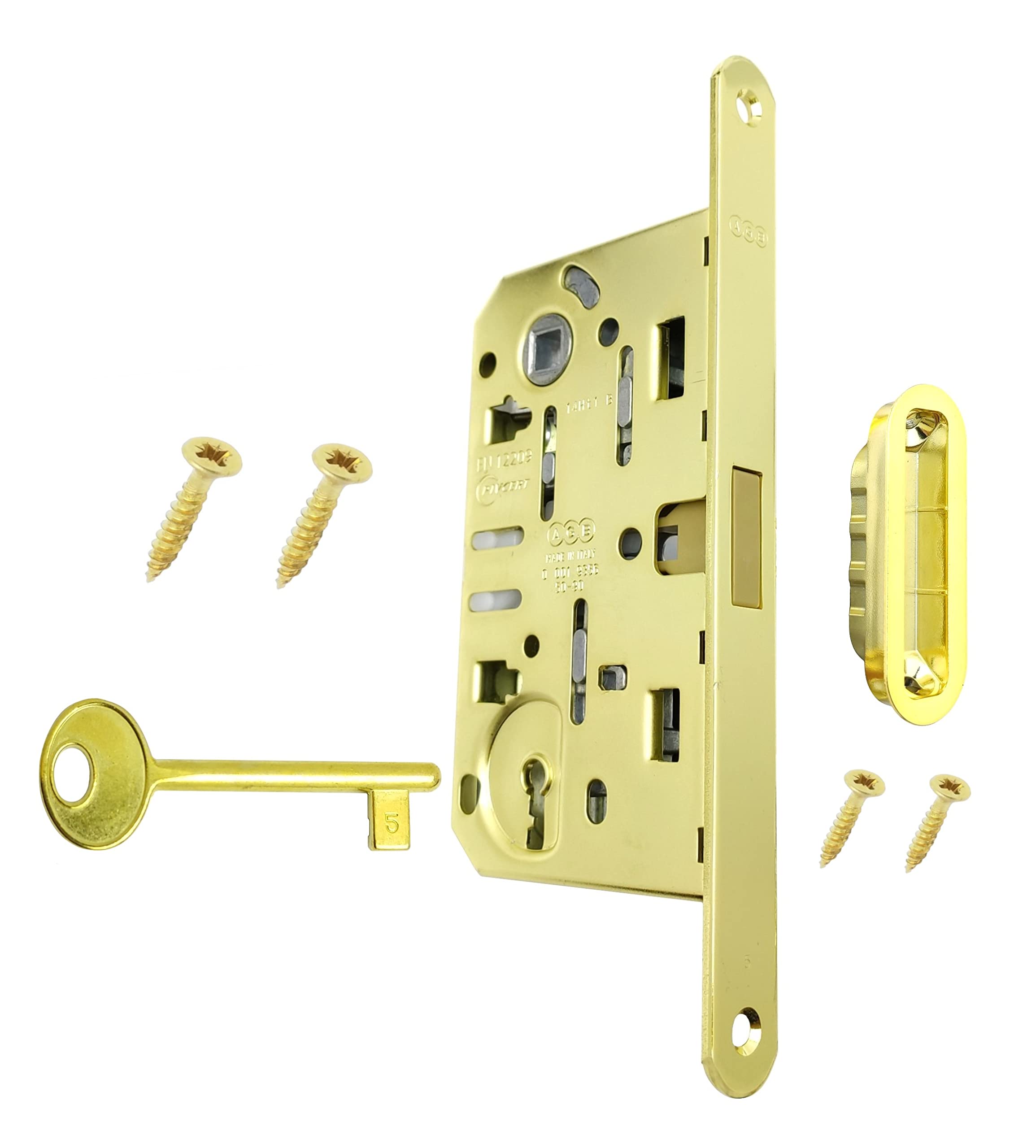 Magnetic Door Lock POLARIS AGB with Front 18x196 mm. (INTER. 90 ENTR. 50, KEY HOLE, BRASSED)
