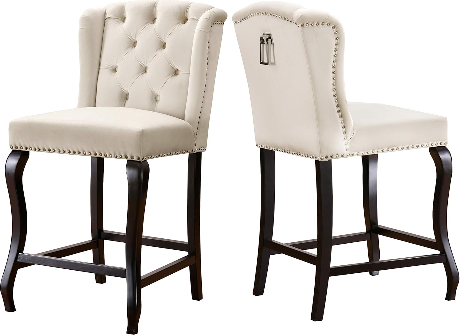 Meridian Furniture Suri Collection Modern | Contemporary Cream Velvet Upholstered Counter Stool with Wood Legs, Luxurious Button Tufting, Nailhead Trim, 20.5" W x 22.5" D x 41.5" H, Cream