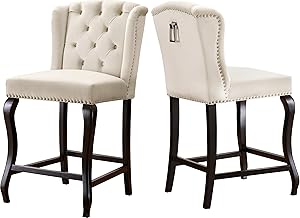 Meridian Furniture Suri Collection Modern | Contemporary Cream Velvet Upholstered Counter Stool with Wood Legs, Luxurious Button Tufting, Nailhead Trim, 20.5" W x 22.5" D x 41.5" H, Cream