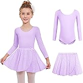 Zaclotre Girls Ballet Leotards 2Pcs Long Sleeve Shiny Squins Dance Dresses Toddler Ballerina Outfit for 3-11Y