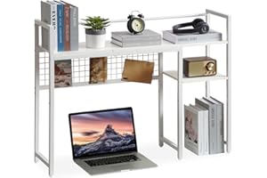 Grecodown 4-Tier Desk Hutch Shelf with Grid Panel, 39” Desktop Bookshelf for Monitor, Office & Home (White, 39")