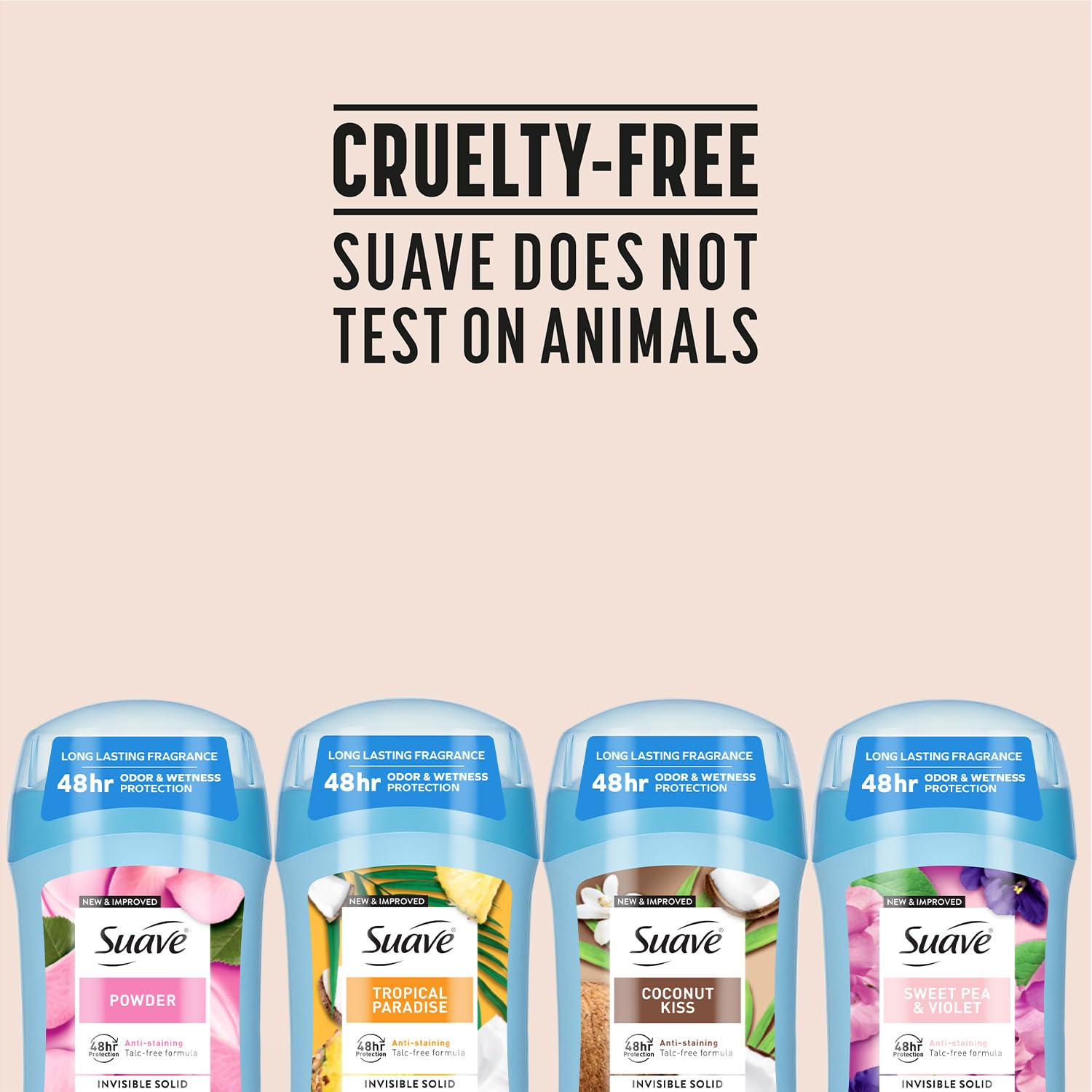 Suave Antiperspirant Deodorant for Women Variety 4-Pack – Powder, Tropical Paradise, Coconut Kiss, Sweet Pea & Violet, Anti-Staining Invisible Solid, Talc-Free, 1.2 Oz Ea