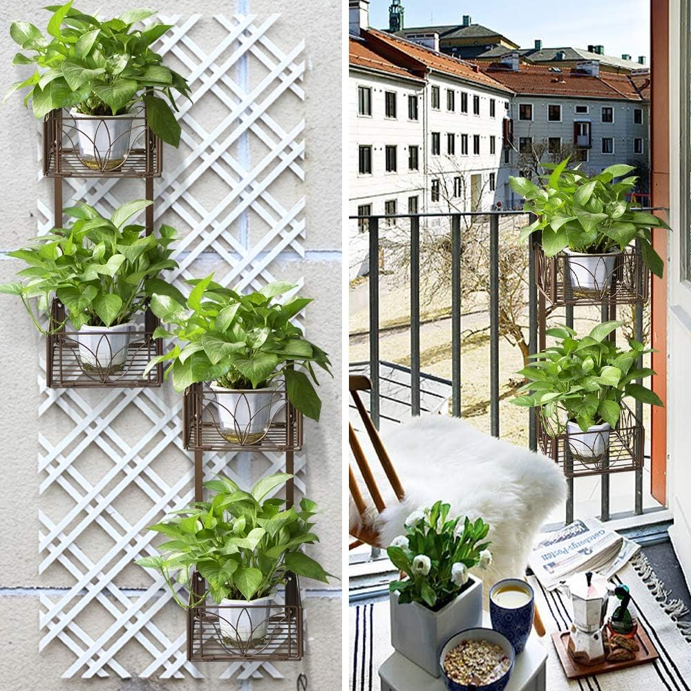 AmnoAmno 2-Tier Balcony Hanging Flower Rack Stand Rail Planters Baskets Pots for Outside, Deck Railing Planters Boxes Outdoor Hanger Stand with Strong Metal Folding Design Easy Installation (Bronze) : Garden & Outdoor