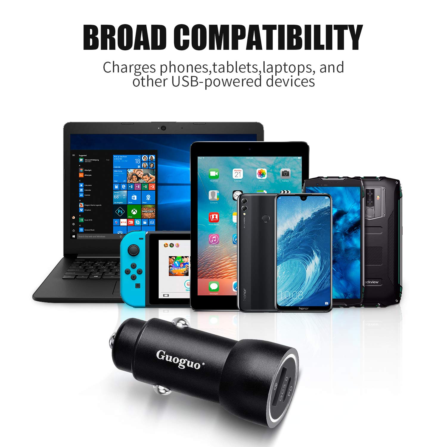 USB PD Car Charger, Guoguo Power Delivery & Quick Charge 3.0 Adapter for iPad Pro, Google Pixel 3/3 XL, iPhone Xs/XS Max/XR/X, Samsung Galaxy S10/S9/S8 and More