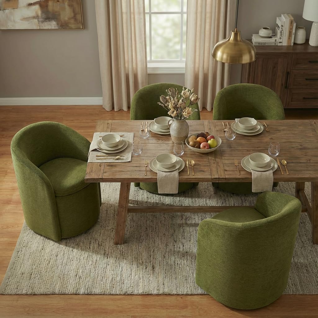 Photo 1 of KISLOT Upholstered Dining Chairs with Casters, Rolling Modern Dining Room Chairs with Hidden Storage & Barrel Backrest, Easy Assembly Accent Chair for Bedroom, Living Room, Dressing, Green Fabric,4PCS