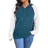 Koscacy Womens Plus Size Hoodie Sweaters Lightweight Color Block Raglan Sleeve Pullover Tops