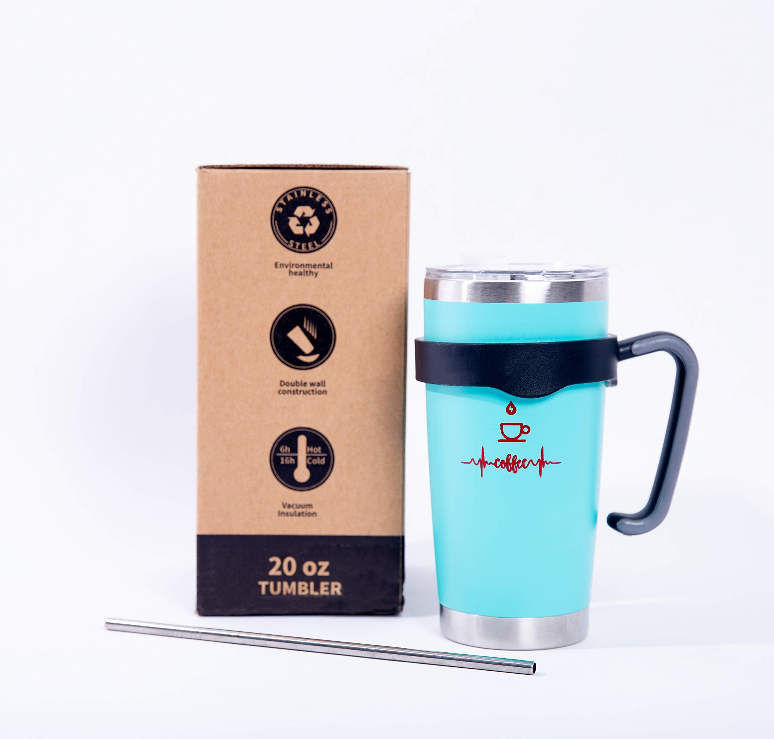 Maribus-FL Tumbler Double Wall Stainless Steel Vacuum Insulated Travel Mug with Lid, Insulated Coffee Cup, 2 Straws, for Home, Outdoor, Office, School, Ice Drink, Hot Beverage （20 oz, Seafoam Mint)
