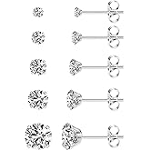 HANCAO 5 Pairs Extra Long Post Earrings 316L Stainless Steel Stud Earrings for Women Hypoallergenic Cubic Zirconia Ear Piercing Studs for Sensitive Ears 3-8mm
