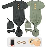 2Pk Newborn Baby Knotted Gowns, Soft Sleeper Coming Home Outfit with Hello World Announcement Sign & Ink Pad for Baby Birth