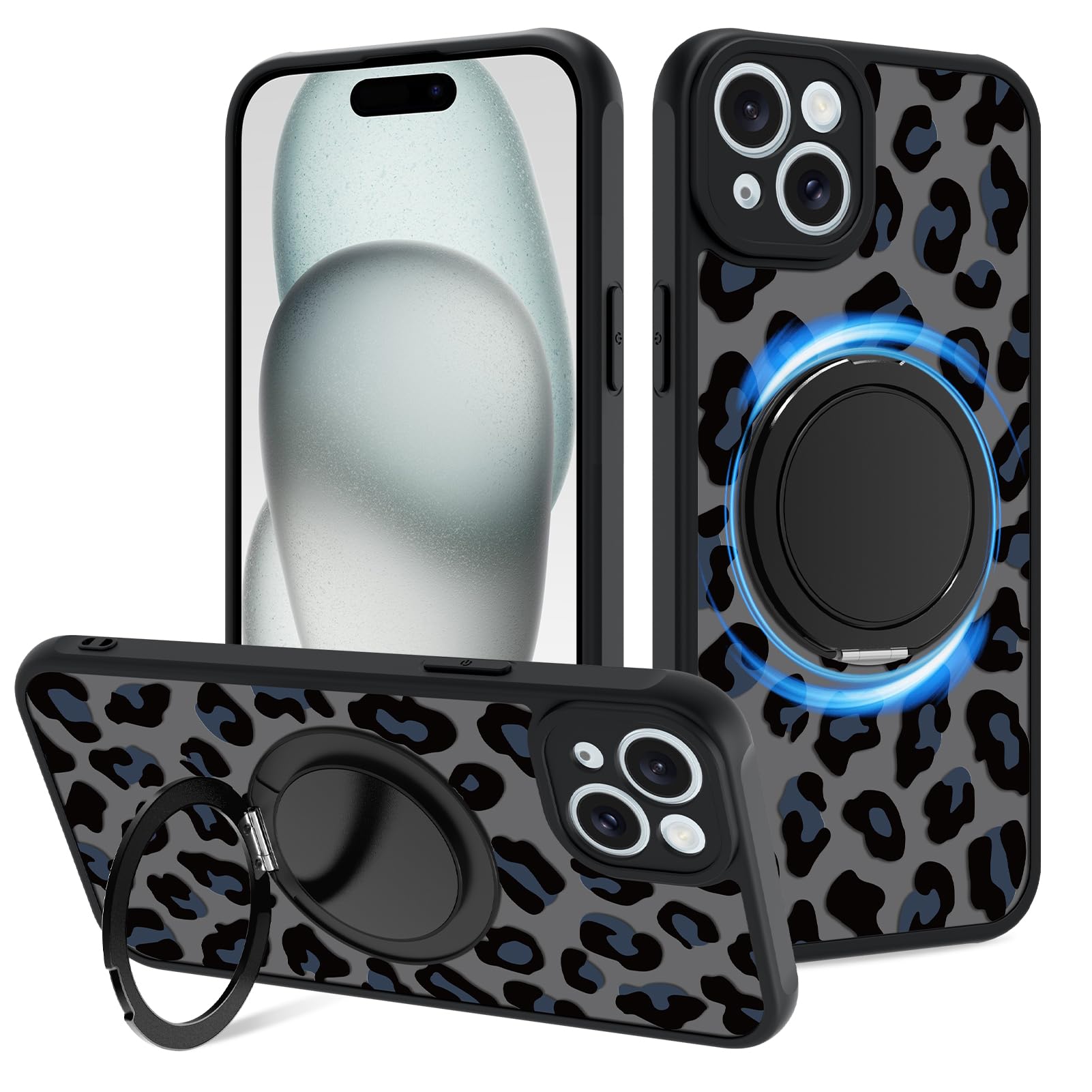 Fiyart Designed for iPhone 15 Case Ring Holder Kickstand Magnetic Bumper Compatible with MagSafe Camera Lens Protection for Women Men Cheetah Print 6.1"-Black
