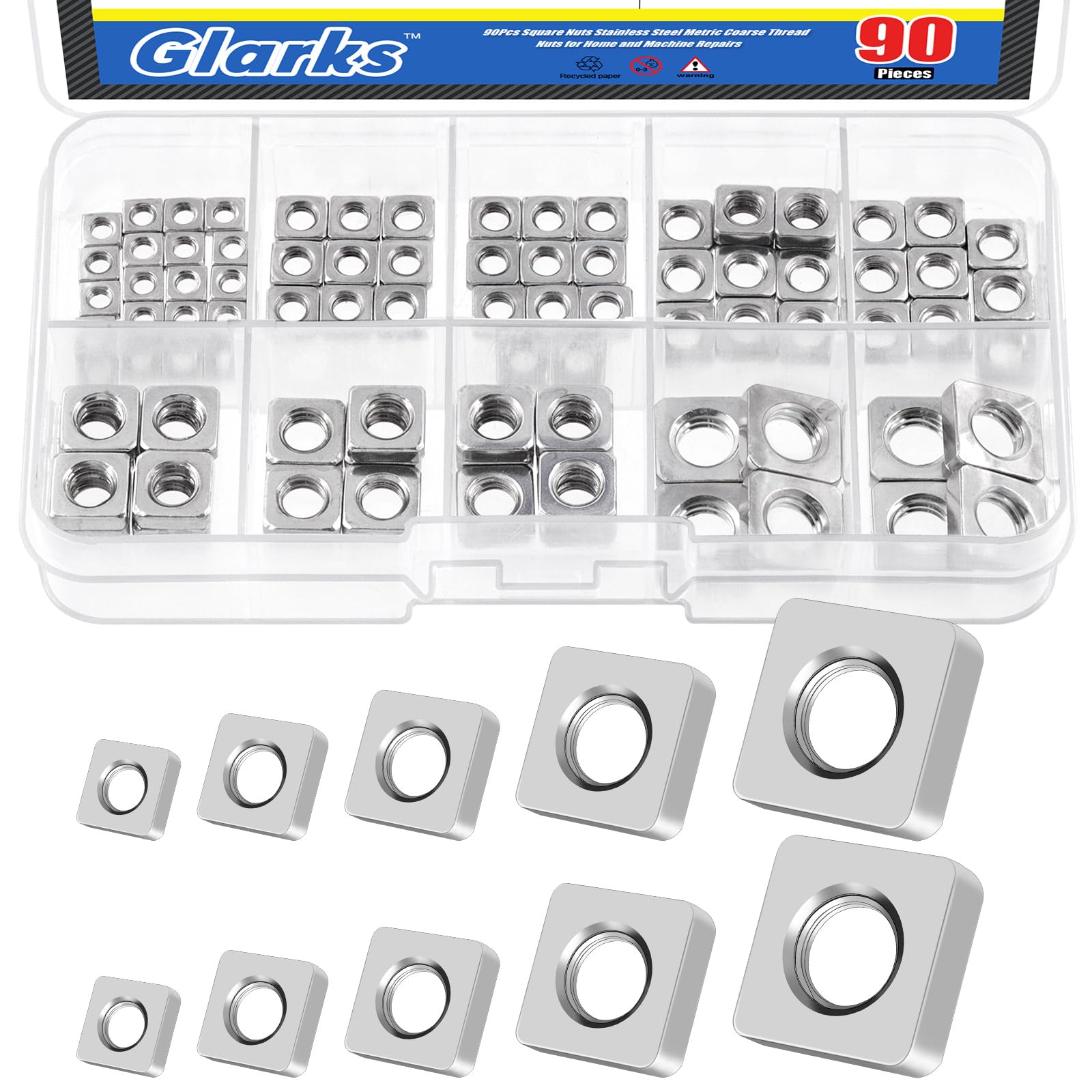 Glarks 90pcs Carbon Steel Square Nut Set M3 M4 M5 M6 M8 Square Thin Nut Square Machine Screws Nut Metric Coarse Thread Assortment Kit