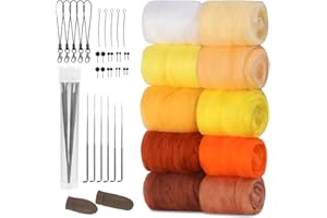 ZXIIXZ Felting Wool 100g, 10 Colors Needle Felting Wool Bulk with Felting Needles Supplies, Assorted Colors in Yellow Series for Handmade Craft