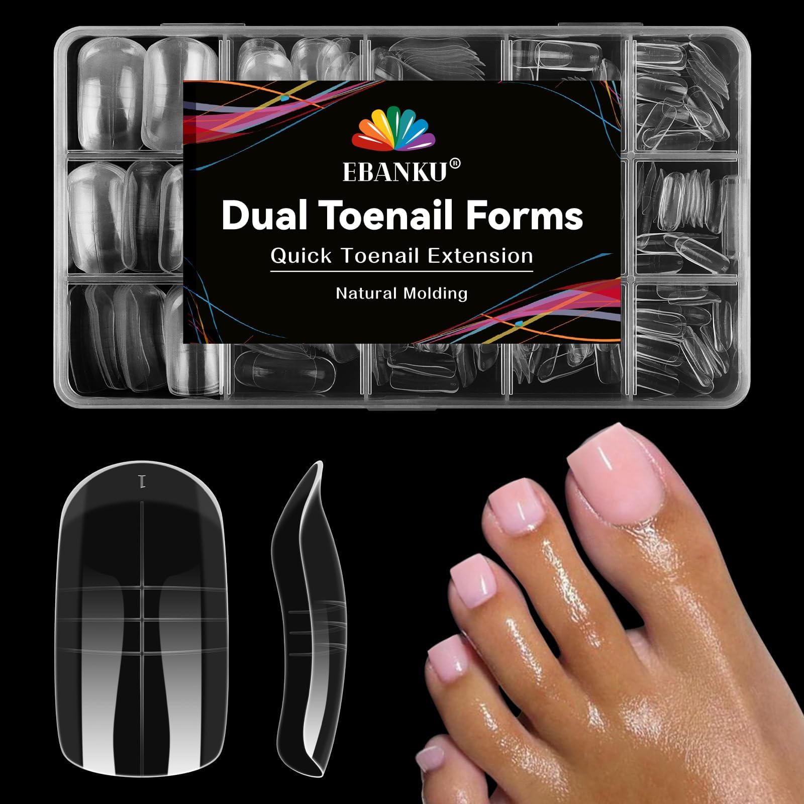 EBANKU 300 PCS Poly Gel Nail Forms for Toes, Long Square Dual Forms for Polygel Pedi Nail Extension Poly Gel Toenails Set Reusable Toe Nail Tips Mold, 15 Sizes