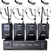 SIKUING 4 Channel UHF Wireless Microphone System with Lavalier Headset Mics, 4x50 Adjustable Frequencies, Ideal for Karaoke Meeting Church, 300ft Range (4 Bodypack)
