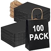 BAG BOX 100 Pack Medium 8.25x4.3x10.6 Inch Black Kraft Paper Gift Bags with Handles for Bulk Shopping, Retail, Craft, Party Favors, Wedding, Grocery & Sacks