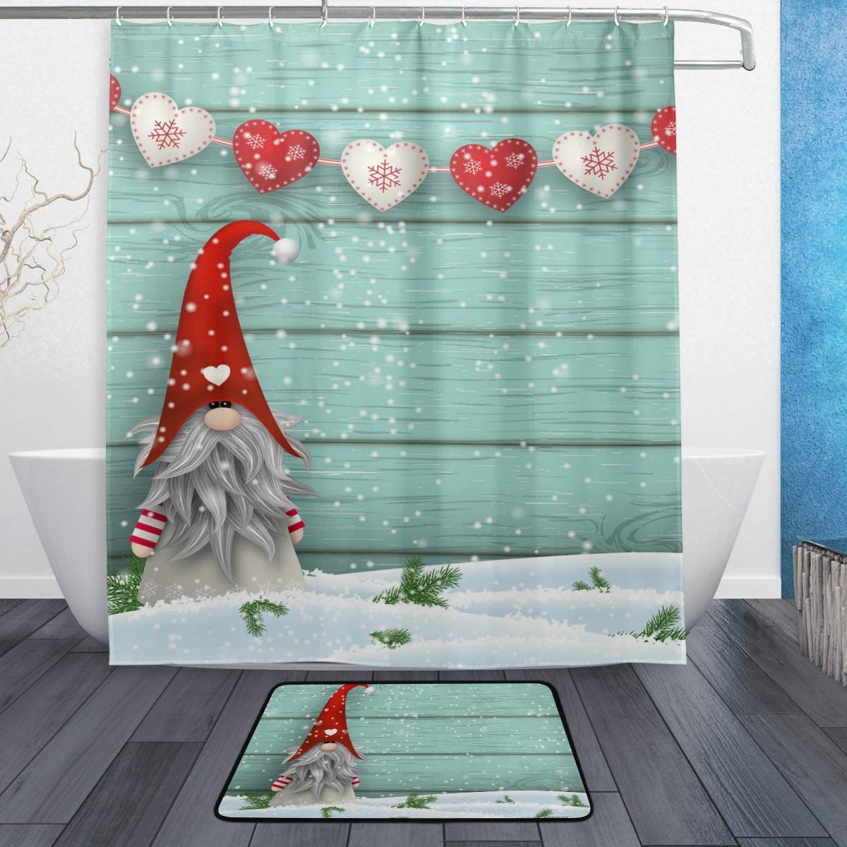 YZGO ALAZA Stylish Shower Curtain Set Cute Christmas Gnome Polyester Fabric Bathroom