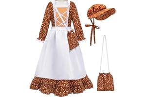 Meland Pioneer Dress for Girls - Colonial Floral Costume with Bonnet, Apron & Purse, Pionner Outfit for Girls 3-10 Years