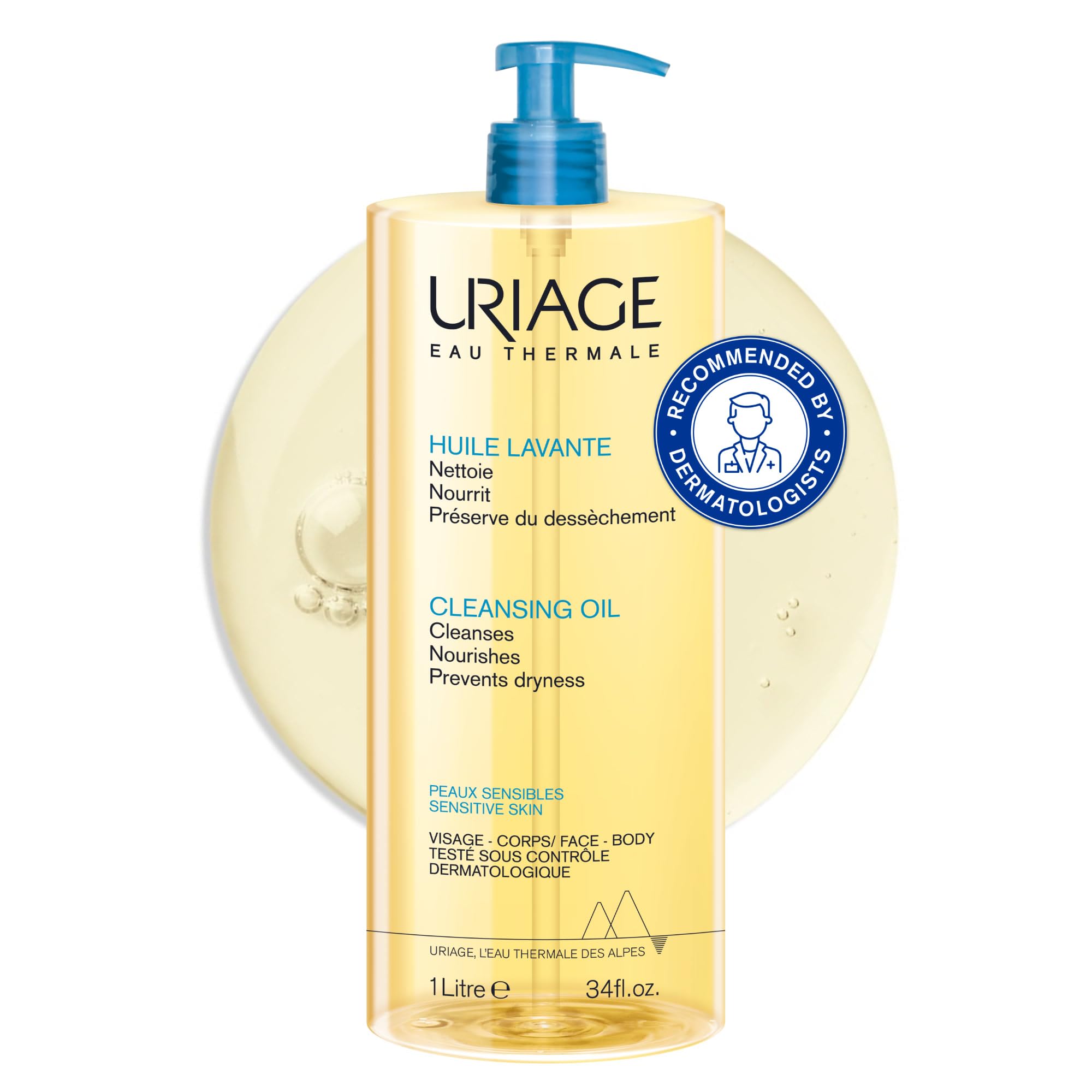 Uriage Shower Oil 1L - Face & Body Wash - Dry & Sensitive Skin - Cleanses, Nourishes, Prevents Dryness - 25% Glycerin & Extra-Rich Agents - Physiological pH - Soap-Free