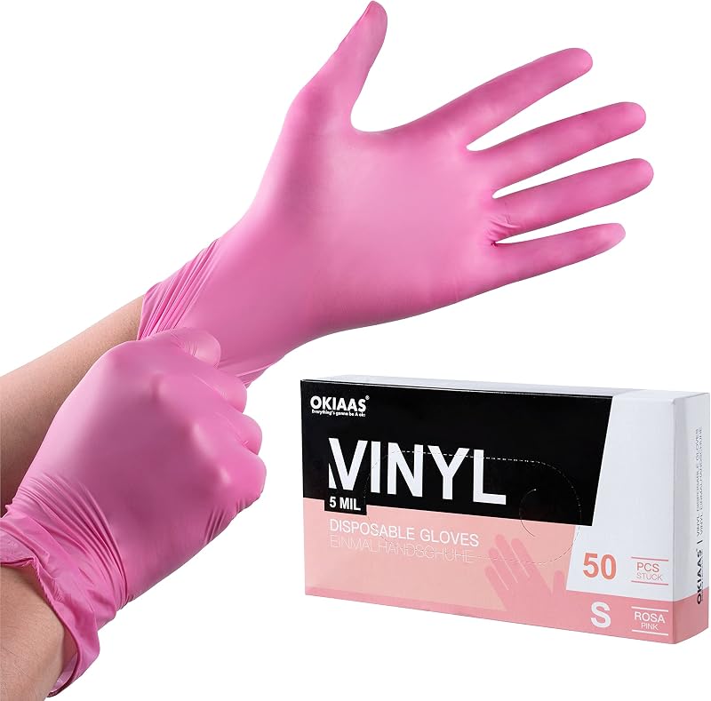 OKIAAS Pink Vinyl Gloves Small 50 Counts Latex-Free Food Lab Cooking