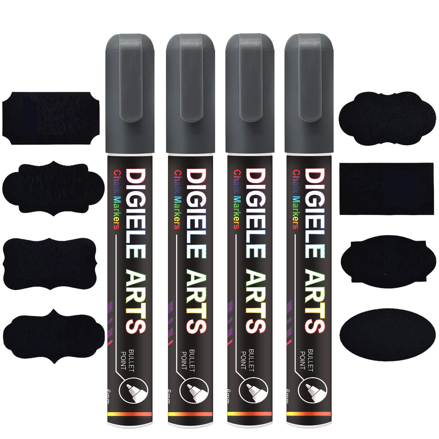 Silver Chalk Marker Pens, DIGIELE 6mm Silver Liquid Pen Markers, Dry or Wet Wipe Erase, Reversible Bullet or Chisel Tip for Blackboard, Whiteboard, Window & Glass, 4 Pens + 16 Chalkboard Labels Packed — image 1