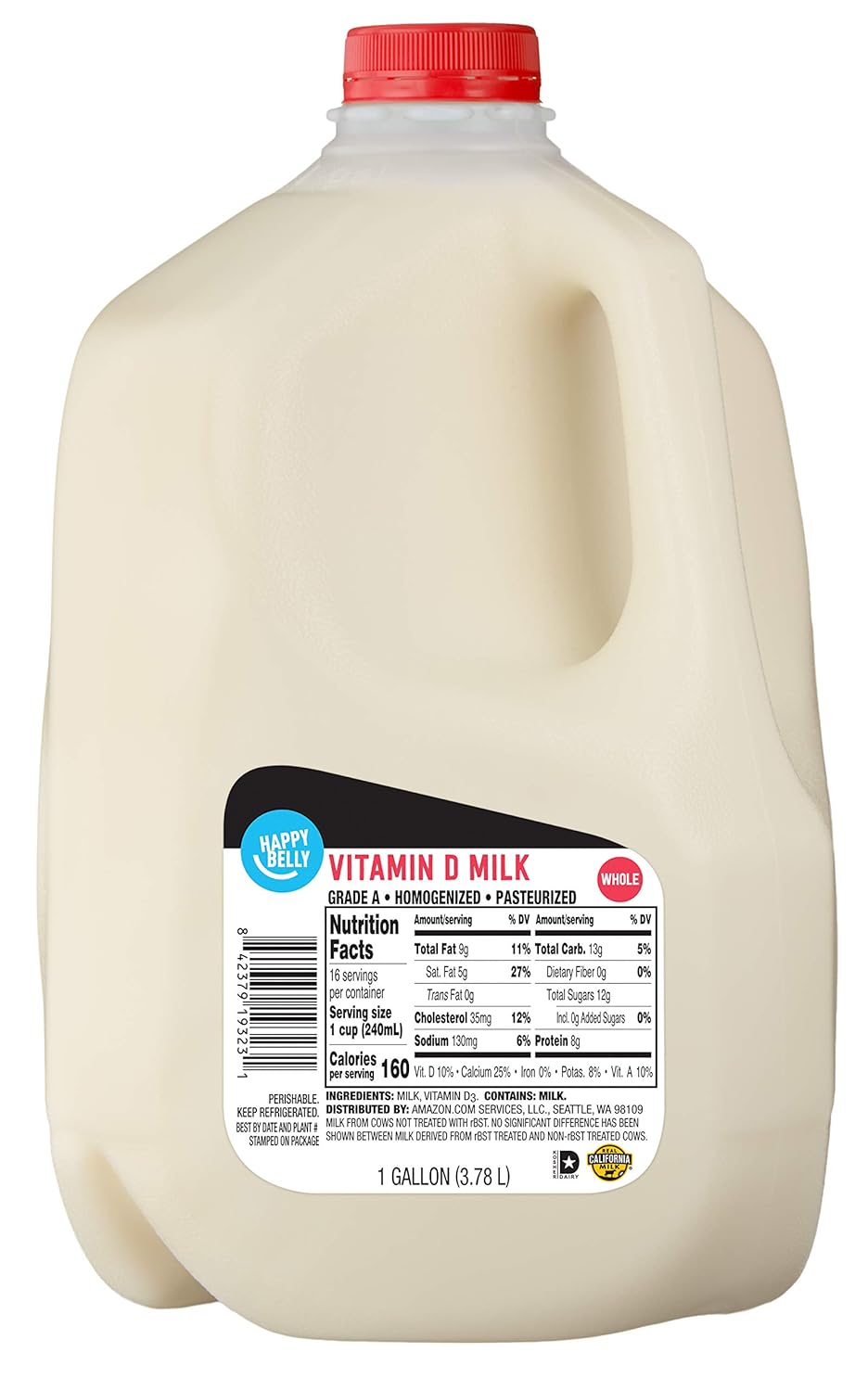 Amazon Brand Happy Belly Whole Milk, Gallon, 128 Ounces
