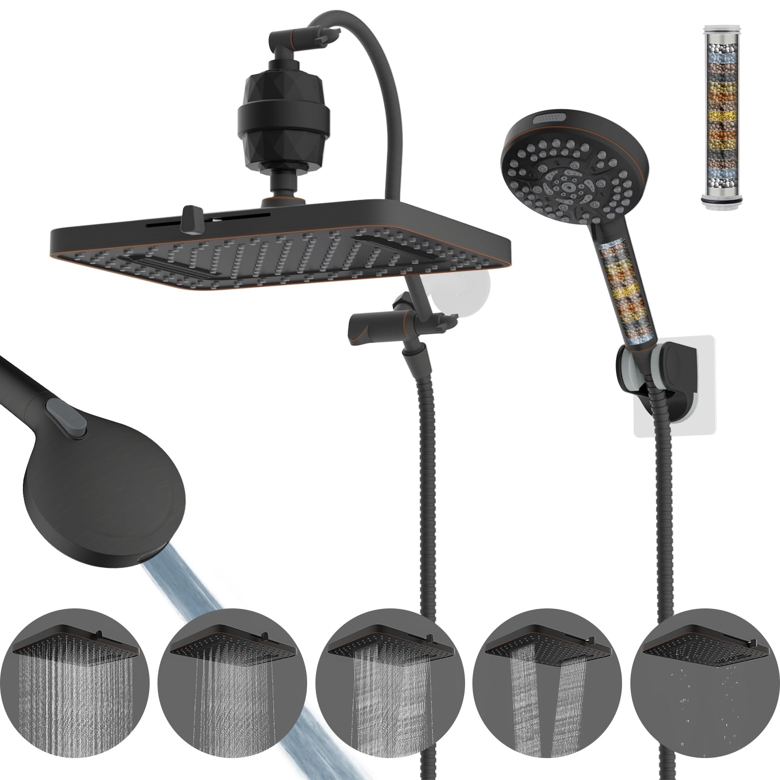 Photo 1 of Hibbent 5-spray 13'' Dual Filtered Rainfall Shower Head Combo, High Pressure 10-setting Handheld Shower Head with 12'' Adjustable Extension Arm, 20 Stage Shower Filter, 71'' Hose, Oil Rubbed Bronze