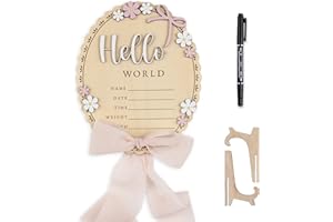 CUNCUN Baby Announcement Sign with Stand & Marker – Hello World Wooden Name Plaque for Newborn Photoshoot, Baby Shower, Rustic Keepsake Birth Stat Sign for Hospital Birth Announcement (Light pink ribbon)