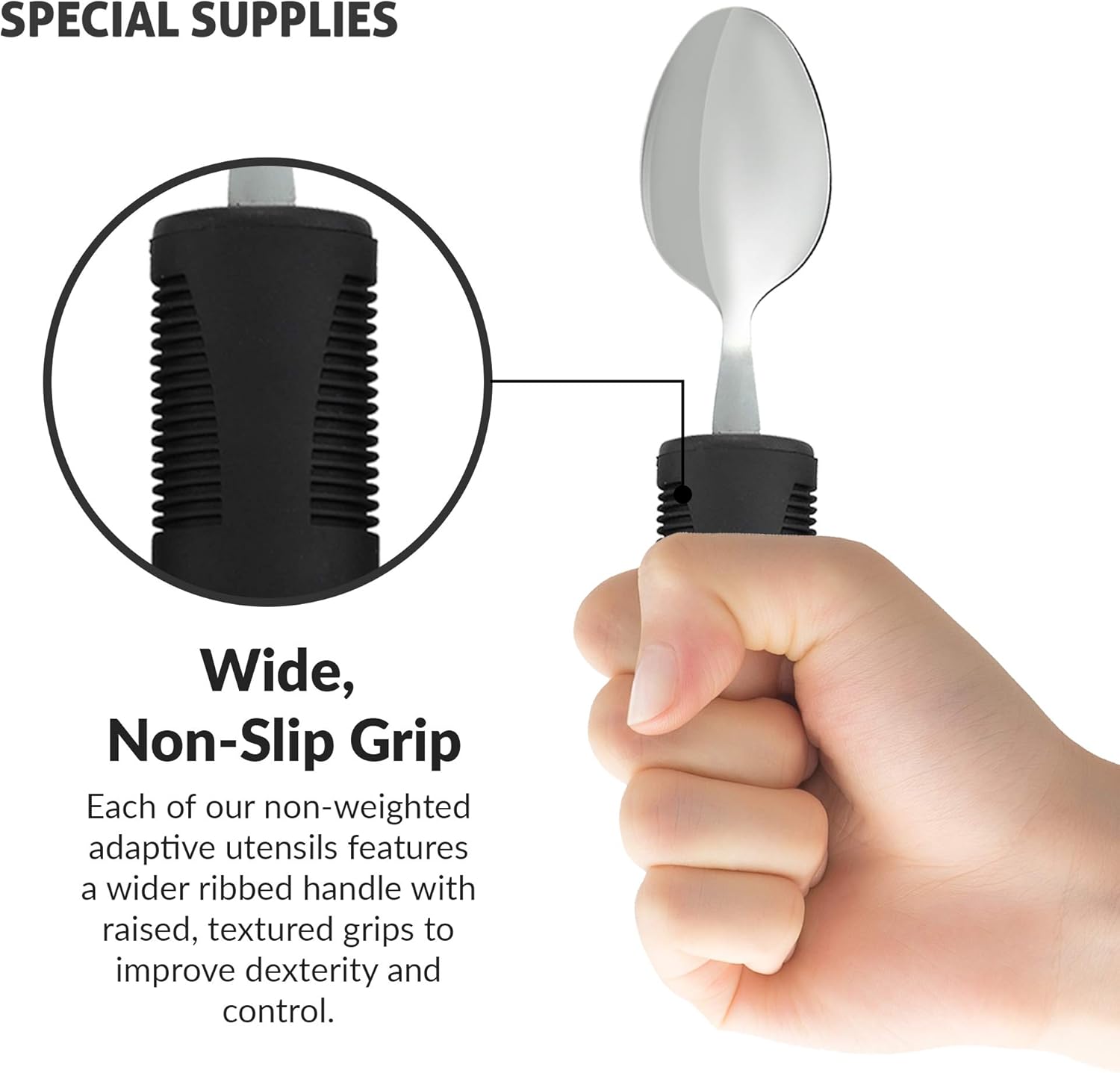 Adaptive Utensils (4-Piece Kitchen Set) Wide, Non-Weighted, Non-Slip Handles for Hand Tremors, Arthritis, Parkinson’s or Elderly use - Stainless Steel Knife, Fork, Spoons - Black: Health & Personal Care