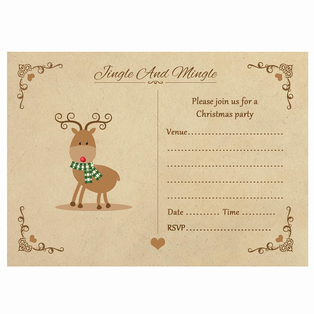 Artstore Vintage Reindeer Christmas Party Invitations With White Envelopes - Pack of 20