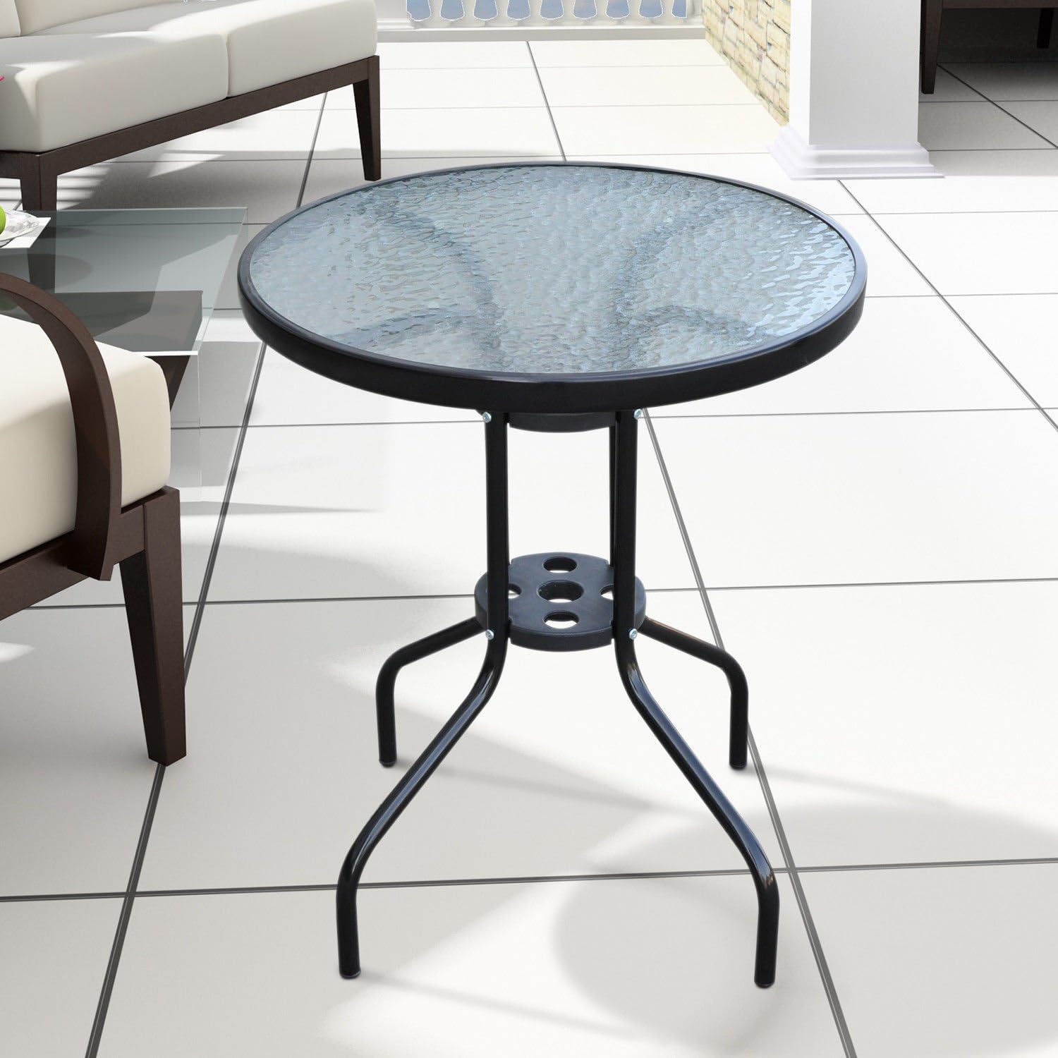 Outsunny Bistro Coffee Table Outdoor Tempered Glass Top Table Garden Round Dining Table - 60cm Diameter, Black, Φ60×70H (cm) - Image 4