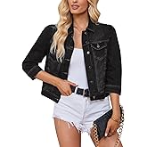 Vetinee Womens Jean Jacket Cropped Denim Jackets Stretchy 3/4 Puff Sleeve Distressed Shacket with Pockets