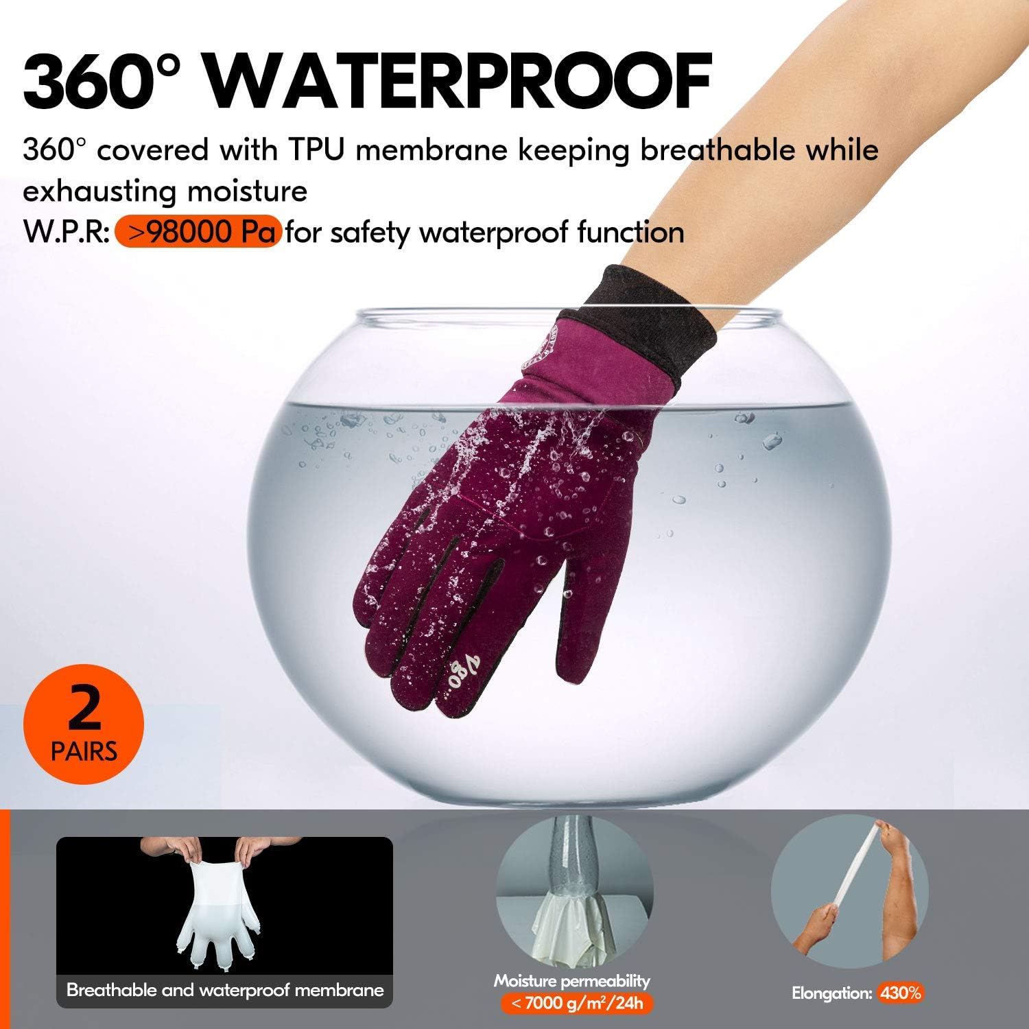 Vgo 2-Pairs 32℉ or Above 3M Thinsulate C40 Lined Ladies' Synthetic Leather Waterproof Insert Outdoor Gloves (Size M, Purple, SL9644FW): Clothing