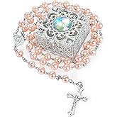 NCPLYGOU 8mm Rosary Beads Necklace, Rosary Beads Catholic for Men and Women Comes in a Metal Gift Box, First Communion Rosary Necklace as Gifts(Pink)