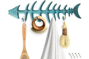 Comfify Decorative Fish Bones Wall Mounted Towel Rack Stylish Cast Iron Hanger w/ 4 “Fish” Hooks | Includes Screws and Anchors - Fish Bones Towel Hanger - Teal Blue