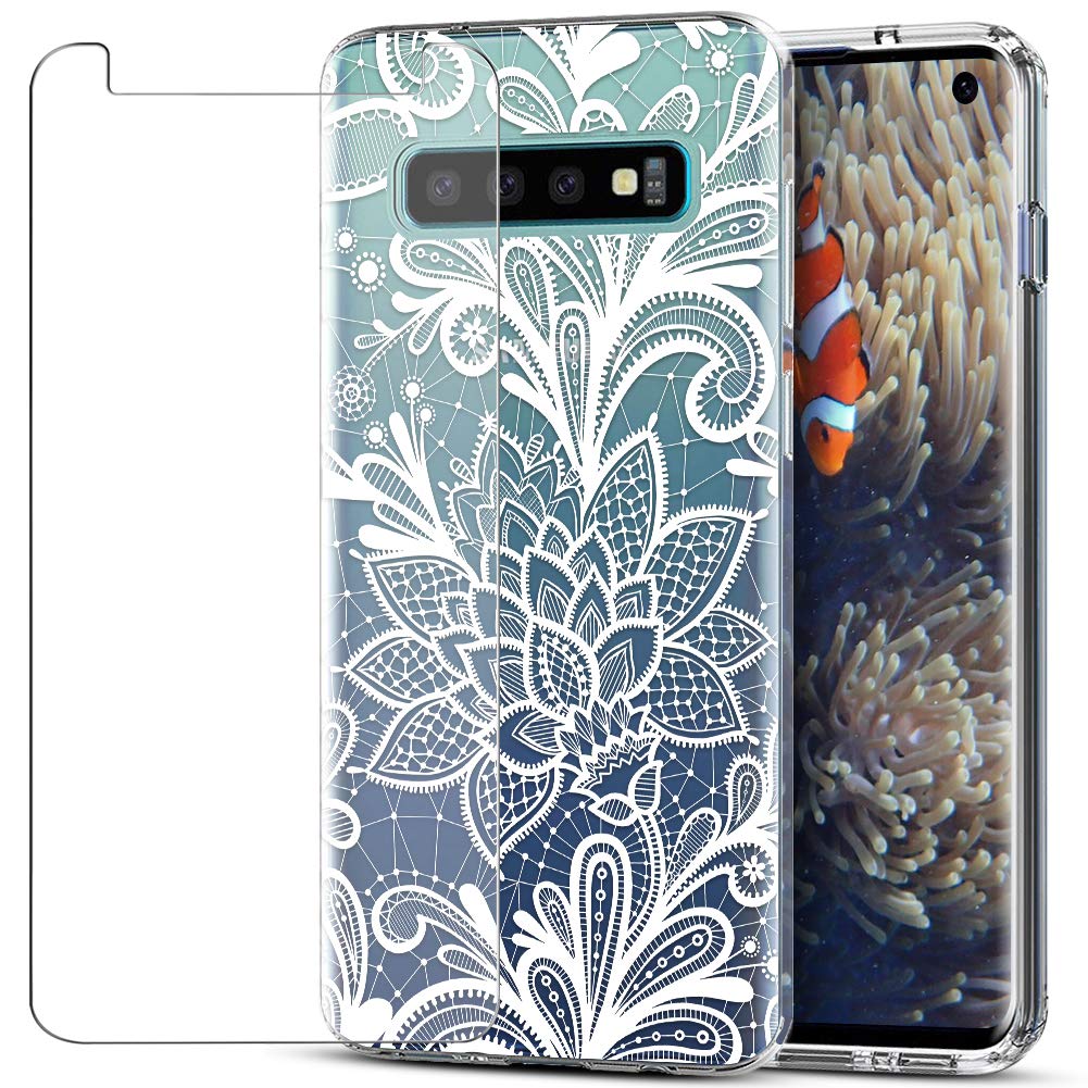MadBee For Galaxy S10 Case + Screen Protector, Colorful Pattern Printed Design Clear Soft Flexible TPU Protective Cover Case for Samsung Galaxy S10 (White 1)