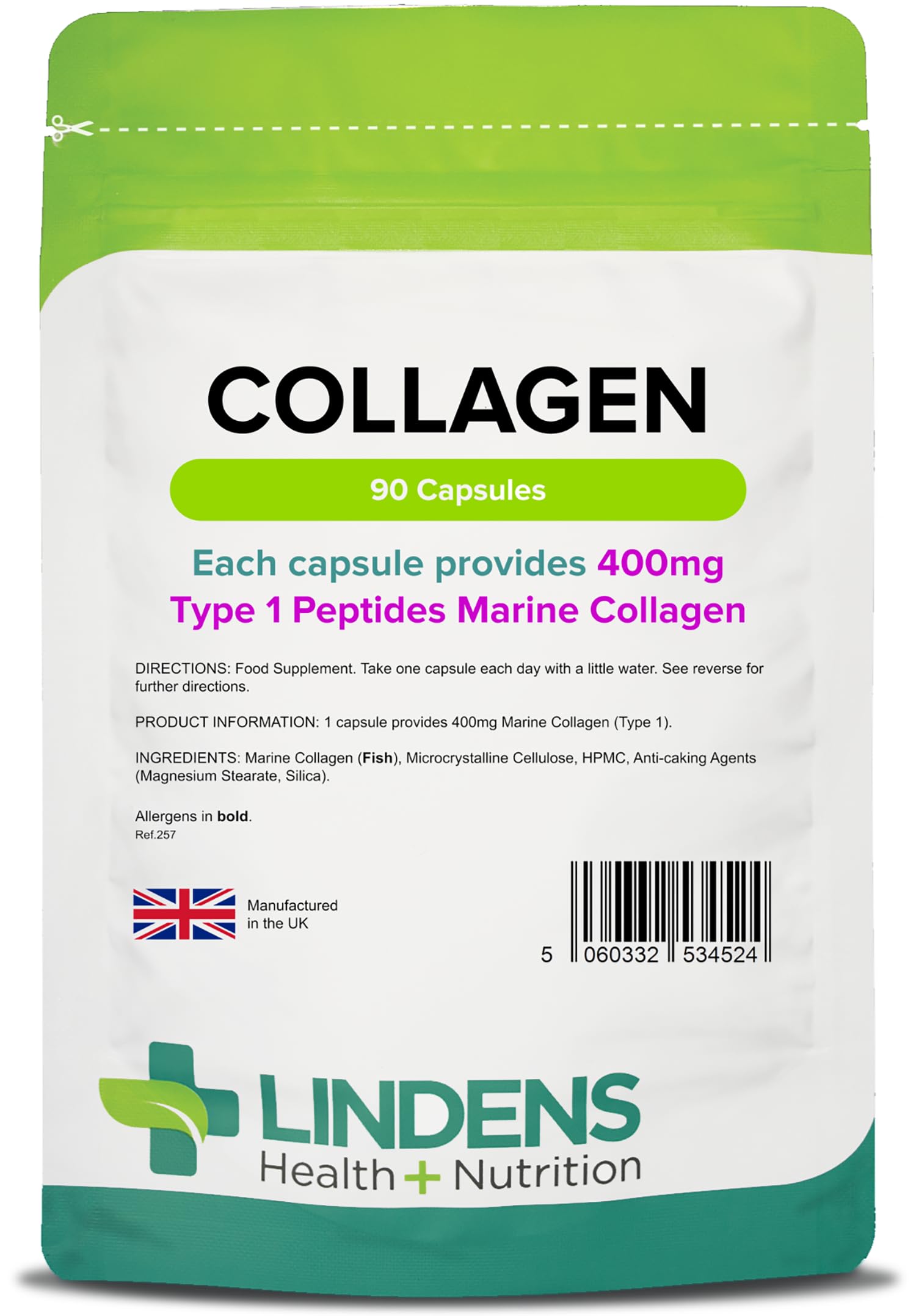 Lindens - Collagen 400mg - 90 Capsules - One-A-Day - UK Made - Marine Source Hydrolysed Collagen - Supports Bones, Cartilage, Ligaments, Tendons and Connective Tissues - Letterbox Friendly
