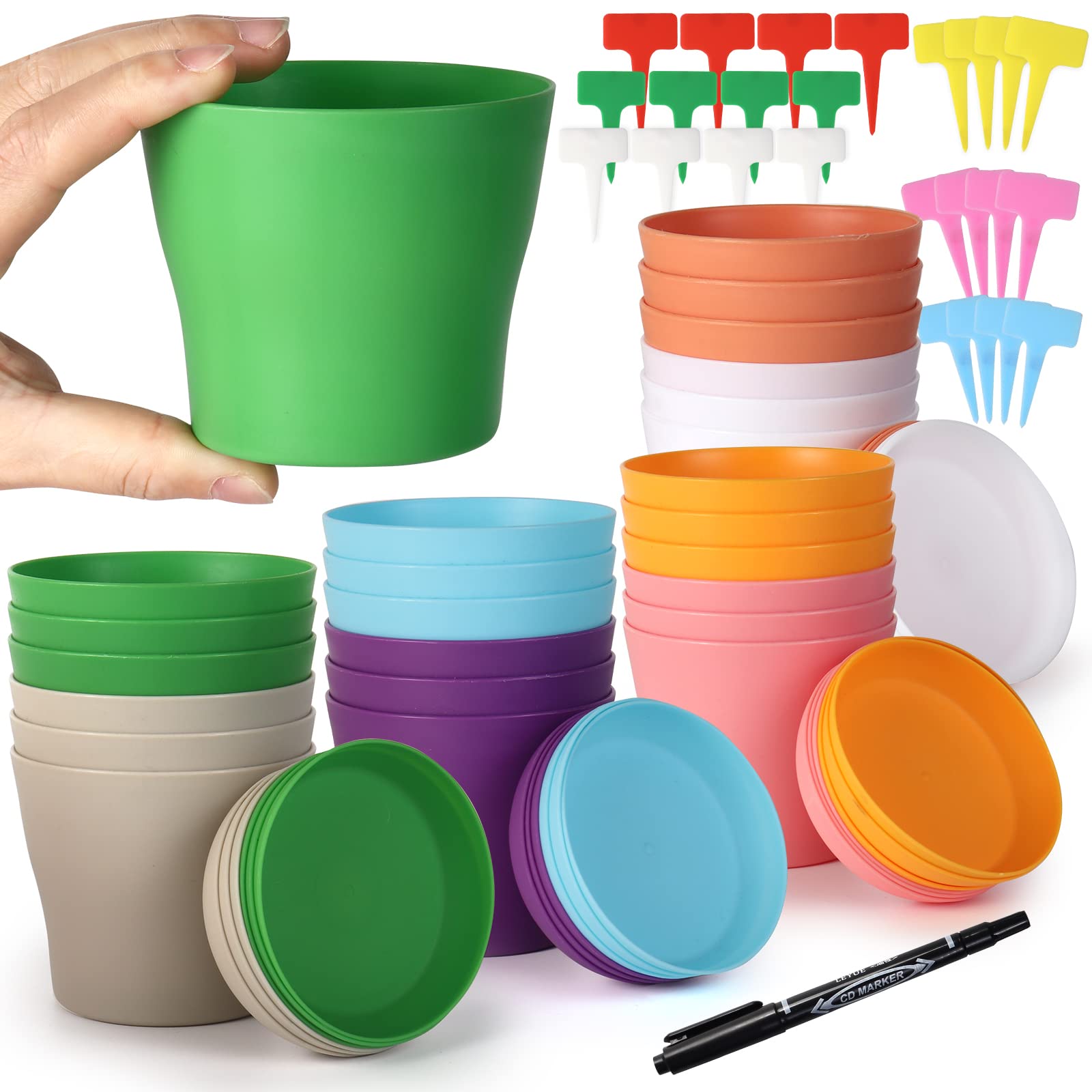 Happybase 4 inch Flower Pots, 24 Pack Small Plastic Planter with Saucers, Seedlings Nursery Pots Planter with Pallet Planting Gardening Containers - Assorted 8 Colors