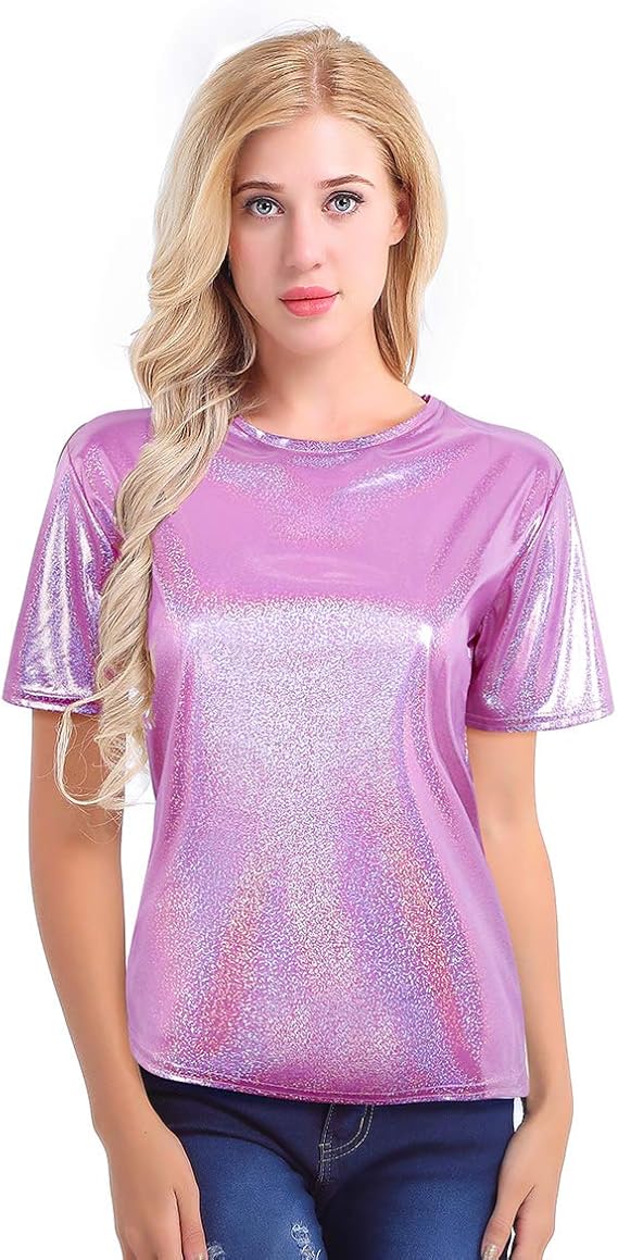 Yeahdor Women's Sparkly Round Neck Casual Tees Blouse Glitter Holographic Party Tops Shirt 