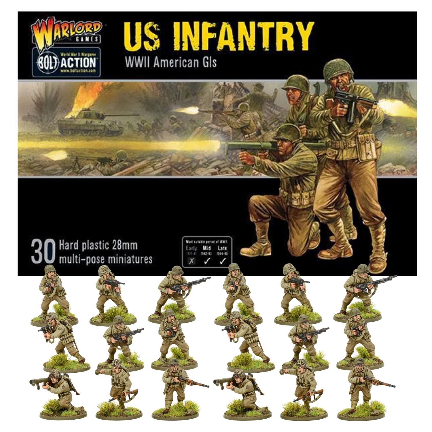Warlord Games Wargames Delivered Bolt Action Miniatures - US Infantry Troop Set, World War Two Miniatures, 28mm Scale Plastic Army Men for Miniature Wargaming