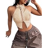 Floerns Women's Denim Backless Halter Zipper Cut Out Y2K Vest Streetwear Sleeveless Tank Tops