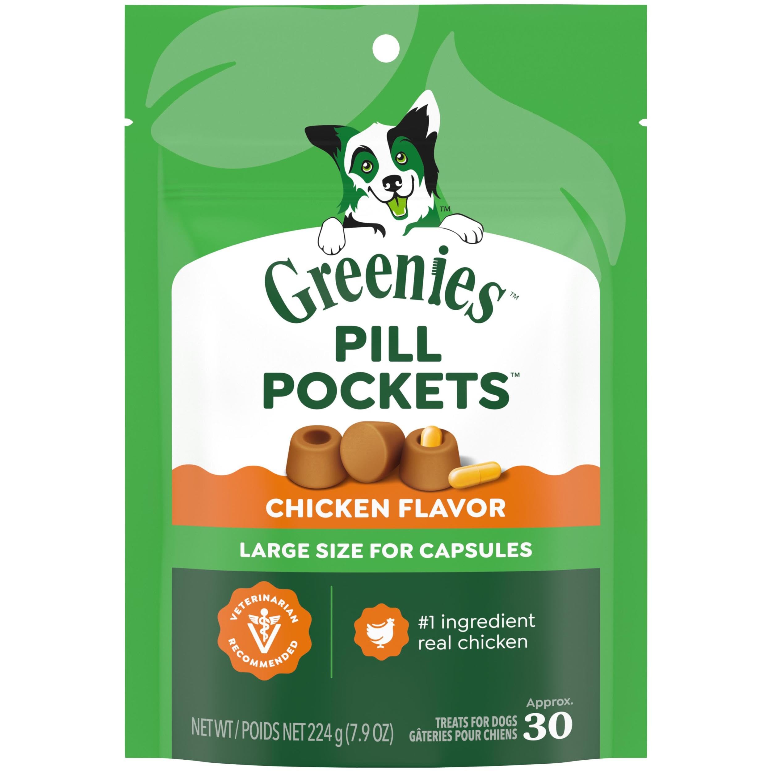 Greenies PILL POCKETS for Dogs Capsule Size Natural Soft Dog Treats, Chicken Flavor, 7.9 oz. Pack (30 Treats)