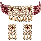 Aheli Faux Kundan Pearl Floral Choker Faux Pearl Necklace with Earring Indian Traditional Bollywood Ethnic Bharatanatyam jewellery set Gift for Women