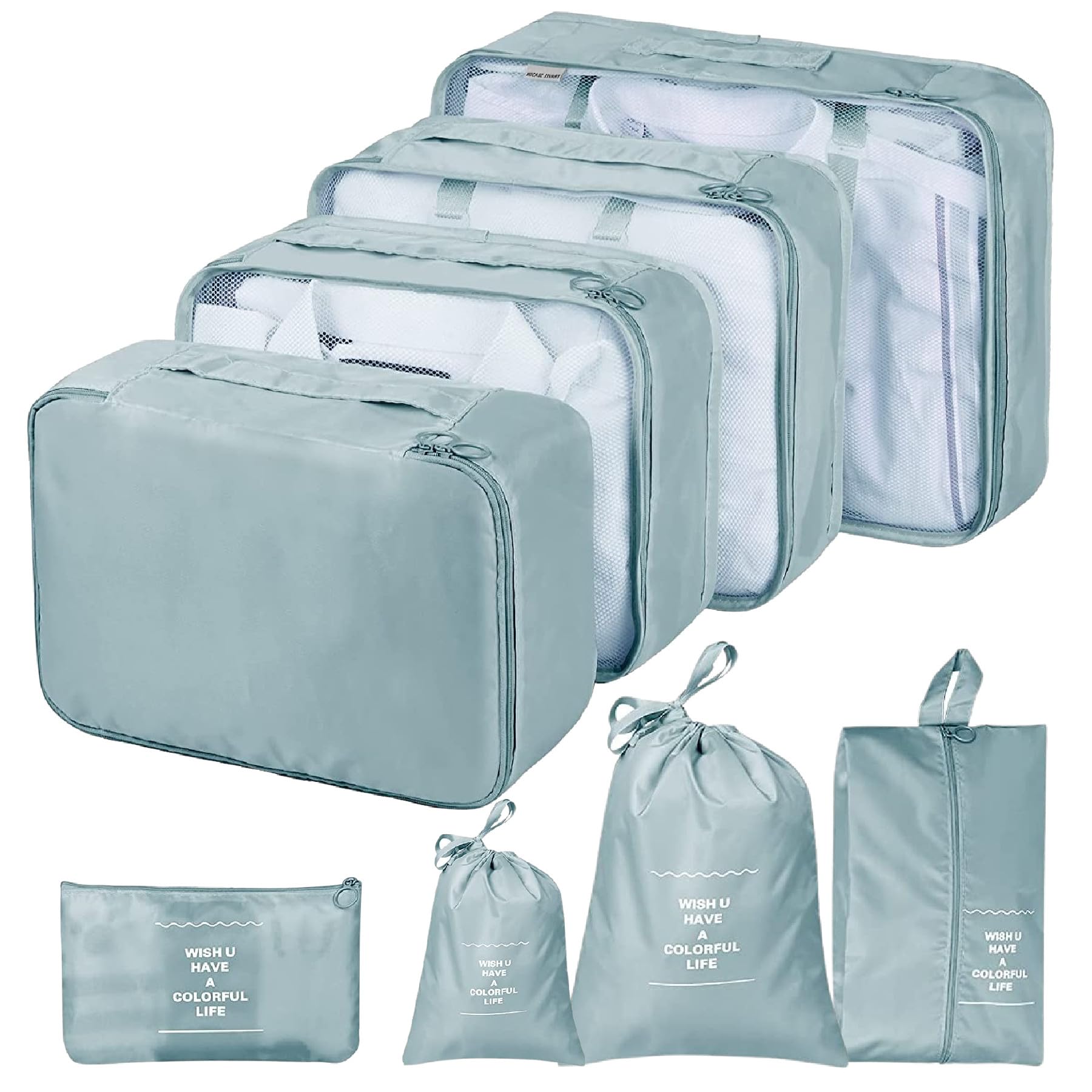 GOOGIT 8 Pieces Set Packing Cubes Suitcase Organiser Holiday Travel Clothes Shoes Trips Organiser (Light Blue)