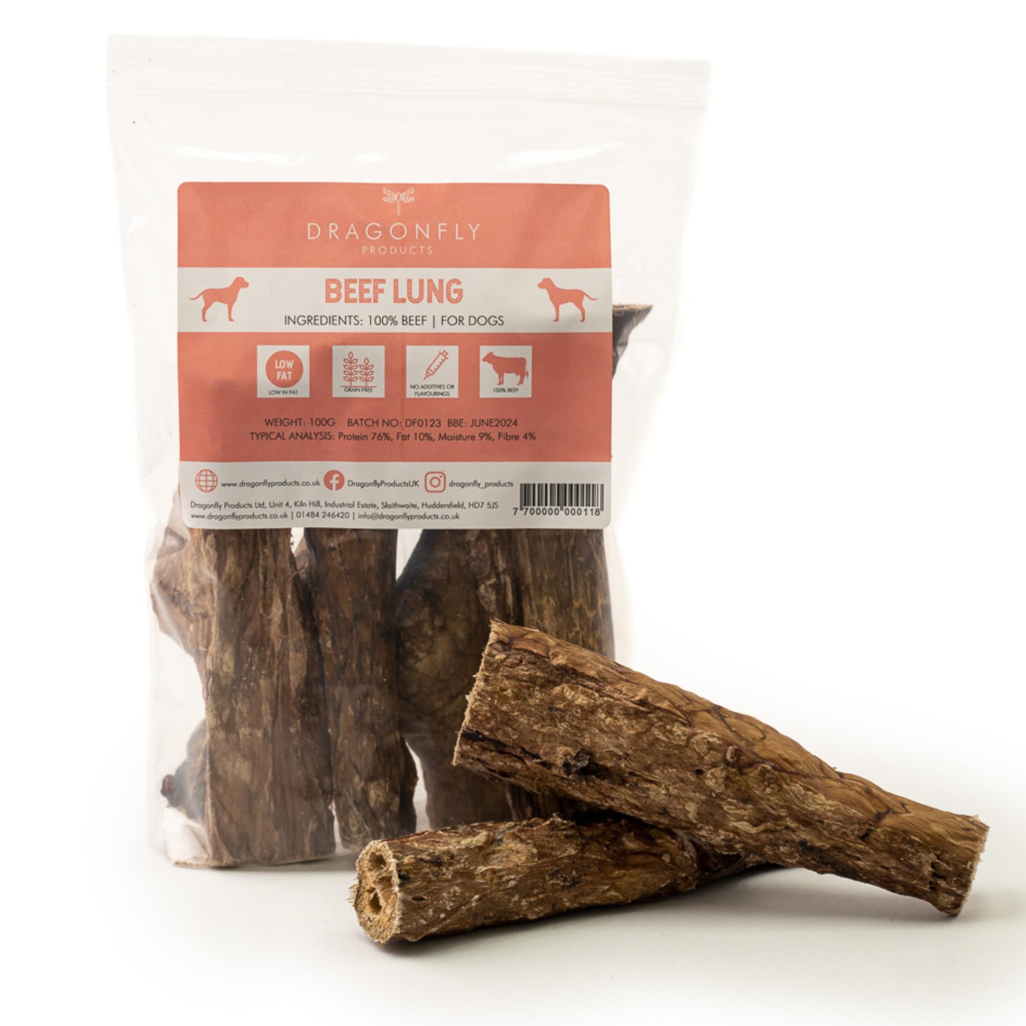 Dragonfly Products Dried Beef Lung Dogs Chew Treat | Natural, Grain Free, Low Fat Dog Treat | For Puppy and Dogs (250g)