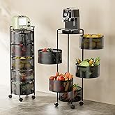 JAQ Rotating Fruit Basket, 5-Tier Metal Sturdy Kitchen Storage Rack Shelf Carts No Assembly on Rolling Wheels for Fruit Vegetable Grocery Corns Potato Onion (5-Tier, Black)