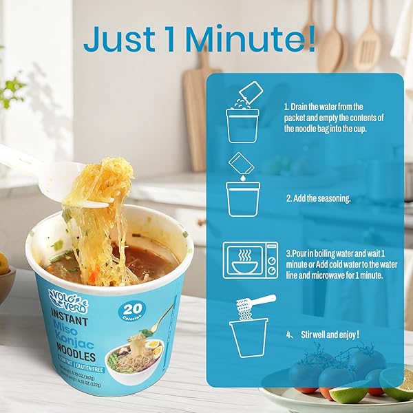 VOLO VERO KONJAC NOODLE INSTANT SOUP CUP MISO FLAVOR, 6 PACKS, GLUTEN FREE, LOW CARB, LOW CALORIE, LOW SUGAR, LOW GI, KETO SHIRATAKI NOODLES PASTA ANGEL HAIR, READY TO EAT, HEALTHY DIET FOOD, HOLIDAY GIFTS