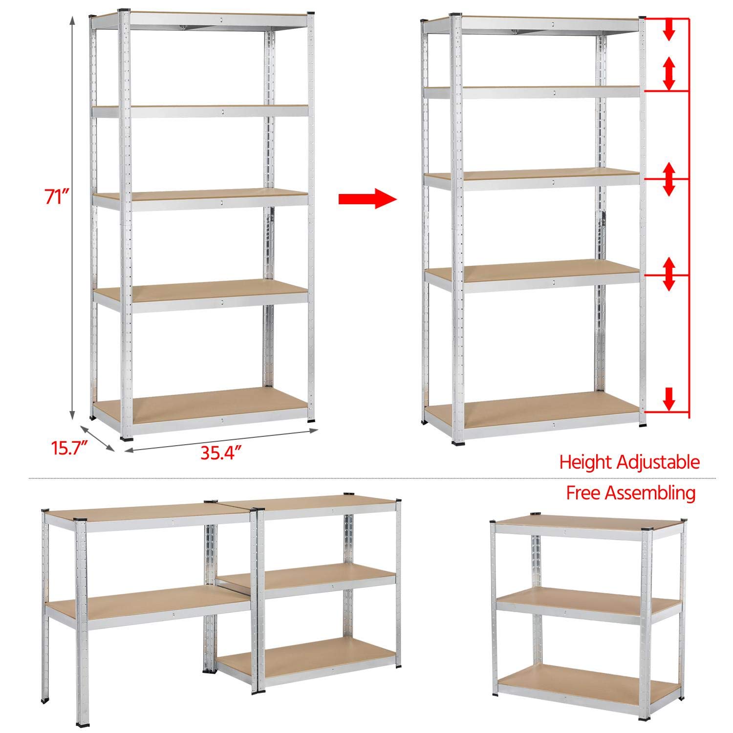 Topeakmart 5 Tier Storage Rack Heavy Duty Adjustable Garage Shelf Steel Shelving Unit, 71in Height, 1 Bay Garage Shelf