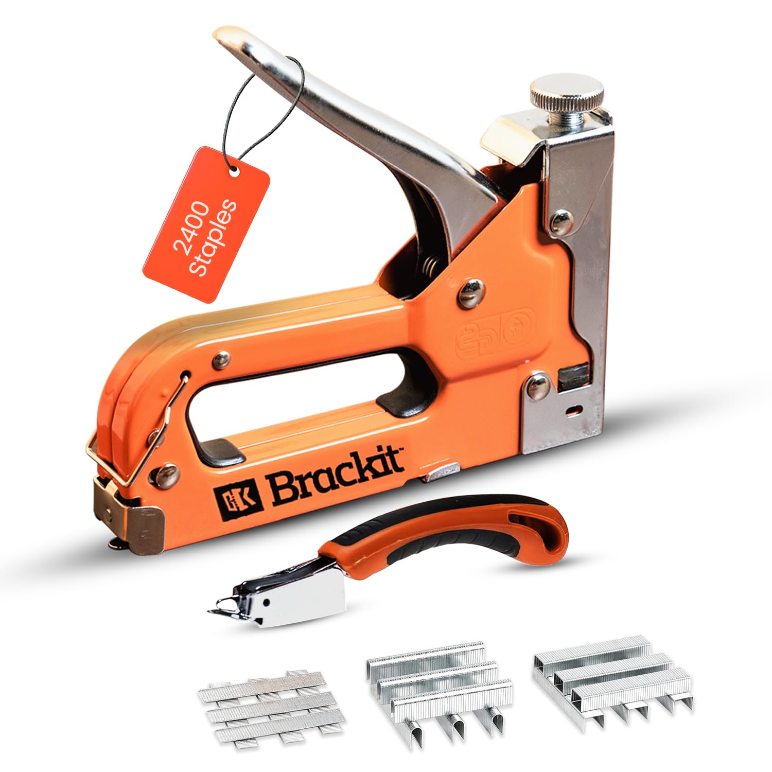 Brackit 5-in-1 Heavy Duty Staple Gun with 2400 Staples & Stapler Remover – Upholstery Staple Gun Heavy Duty for Wood Crown U & T Shape Brad Nail Staple Gun – Wall Stapler – Ideal for DIY
