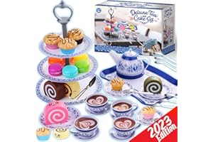 Cheffun Tea Party Set for Little Girls - Kids Pretend Play Kitchen Toys Sweet Princess Tea Cup Plastic Toys Play Food with Teapot Tray Cake Gift for Age 3 4 5 6 7 Year Old Toddler Child Girl Boys