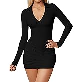 BEAGIMEG Women's Sexy Bodycon Long Sleeves V-Neck Ruched Asymmetric Club Party Mini Dress